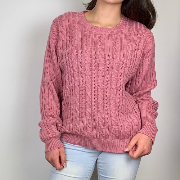 Vintage Blush Pink Cable Knit Padded Shoulder Crew Neck Sweater Baxter Wells - Picture 2 of 10